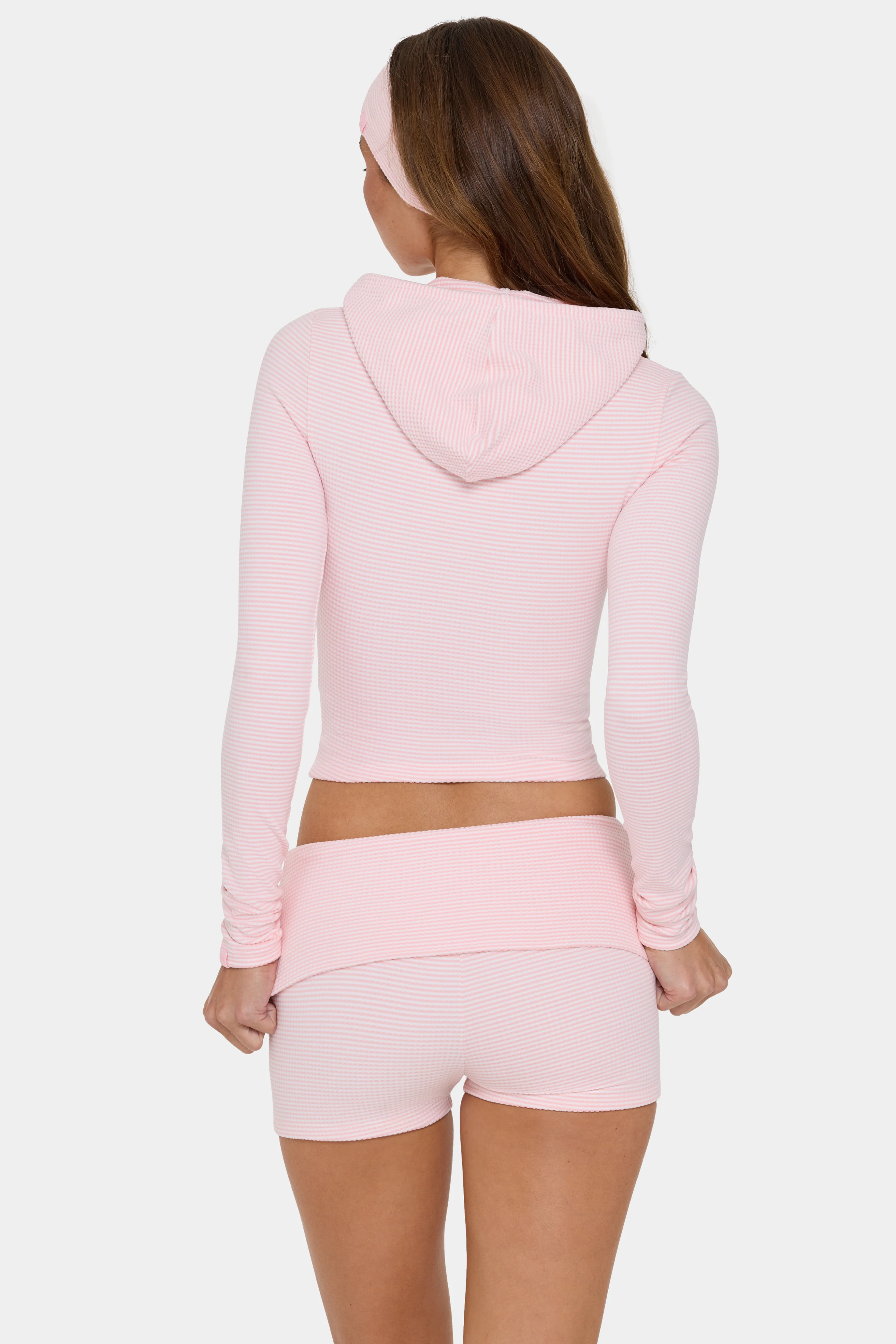 Ribbed Jersey Cropped Hoodie in Peach Stripe - Image 3