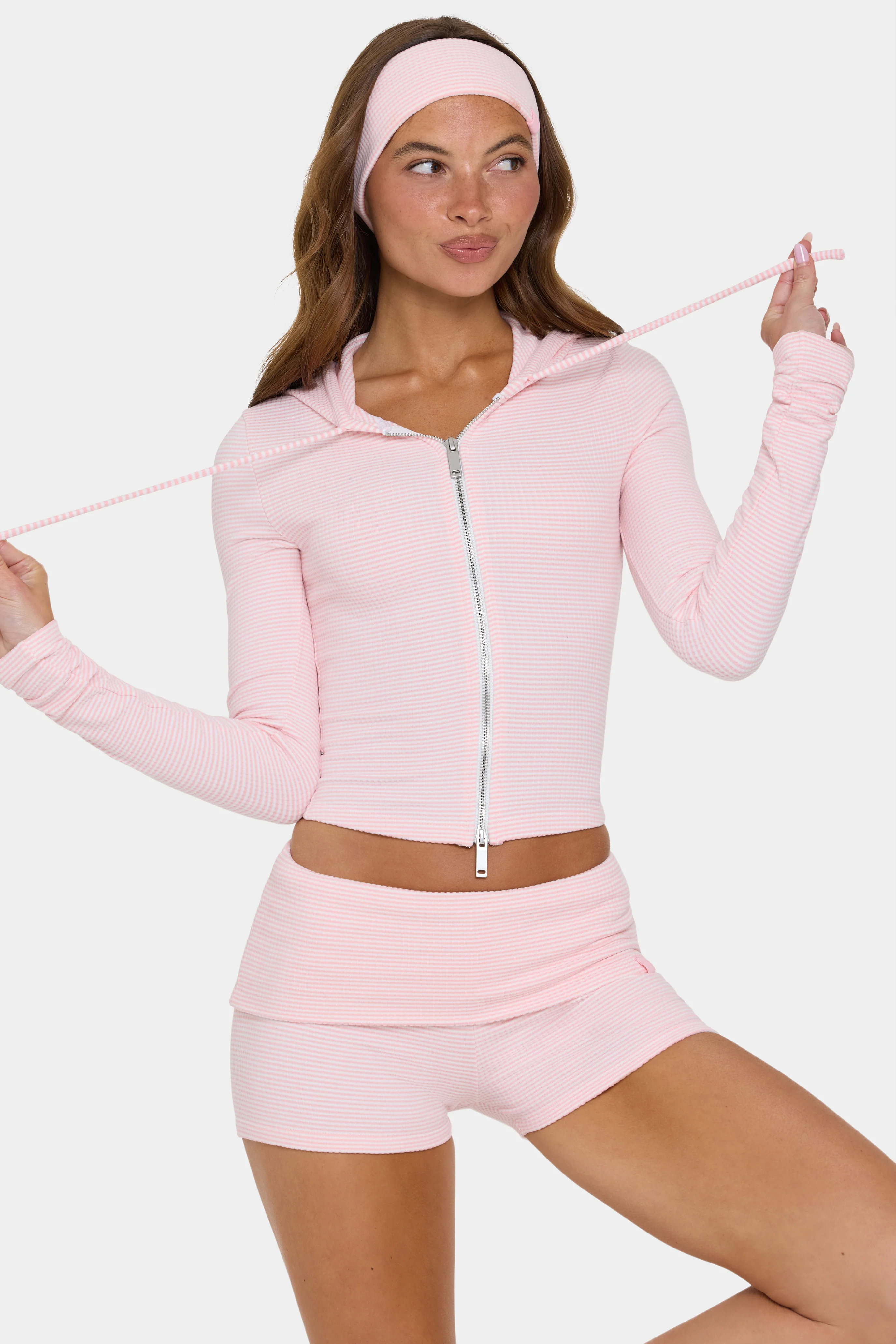 Ribbed Jersey Cropped Hoodie in Peach Stripe - Image 5