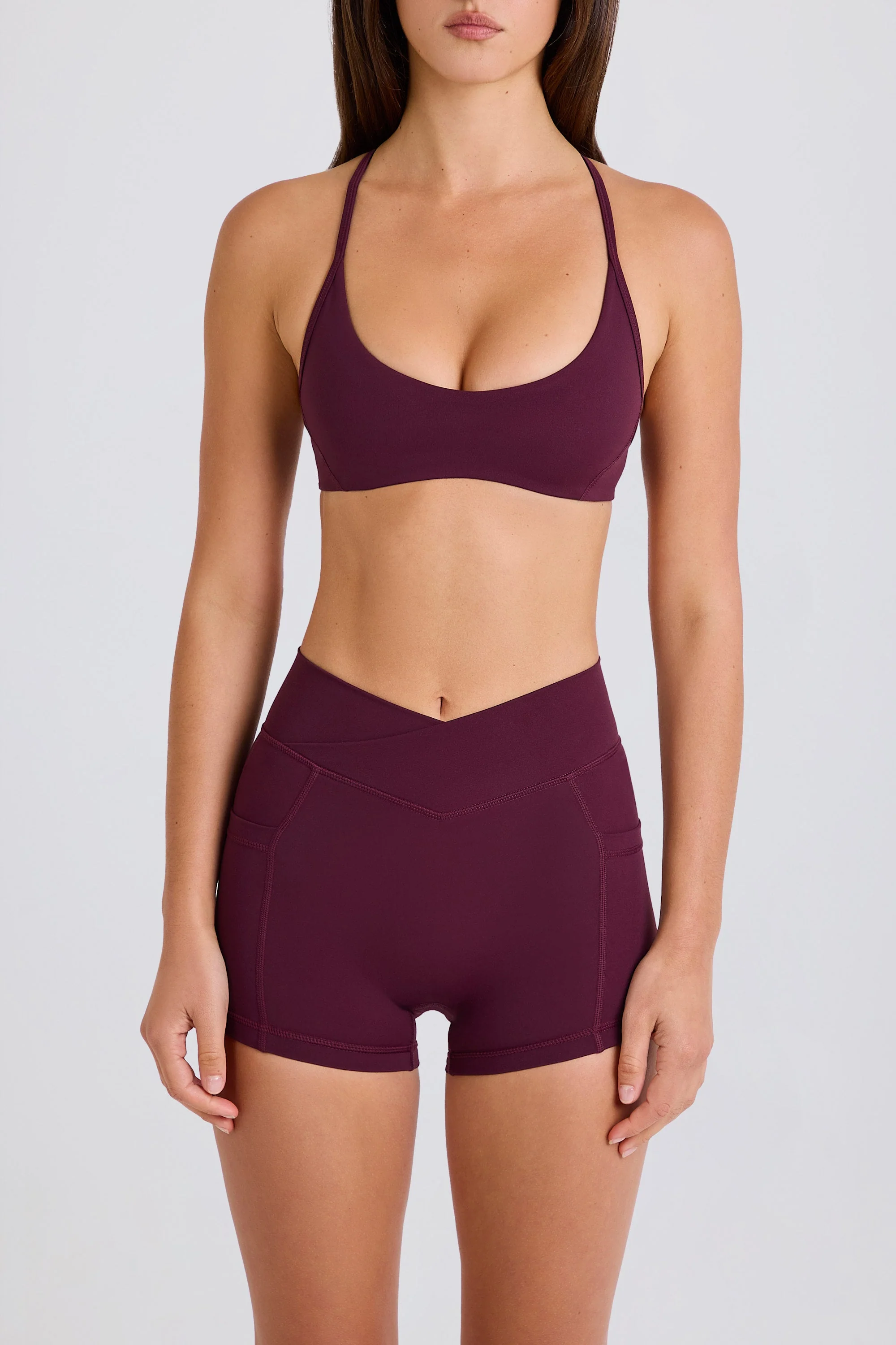 Soft Active V-Waist Pocket Mini Shorts in Burgundy - Image 4