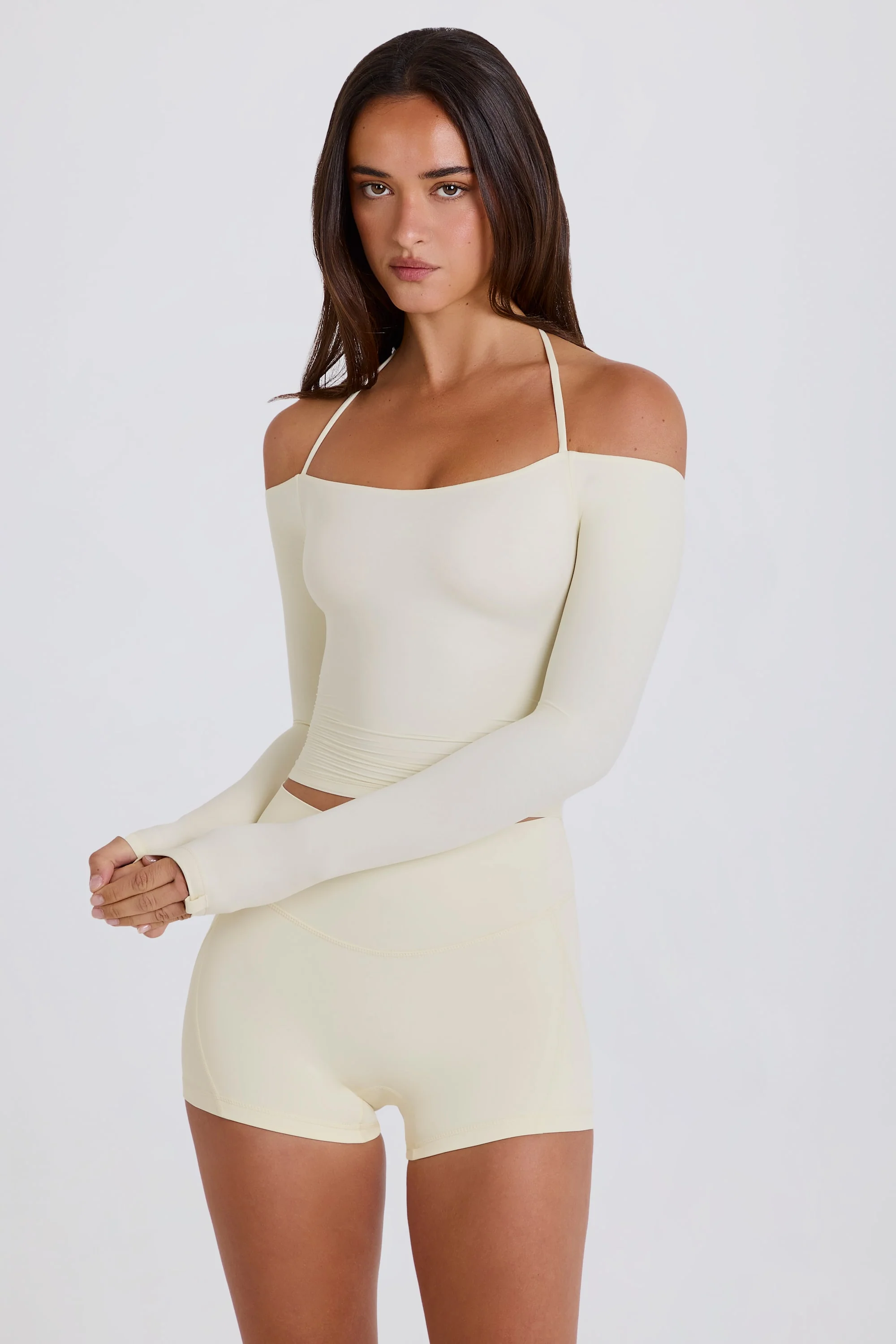 Soft Jersey Off-Shoulder Halterneck Longline Top in Cream - Image 10