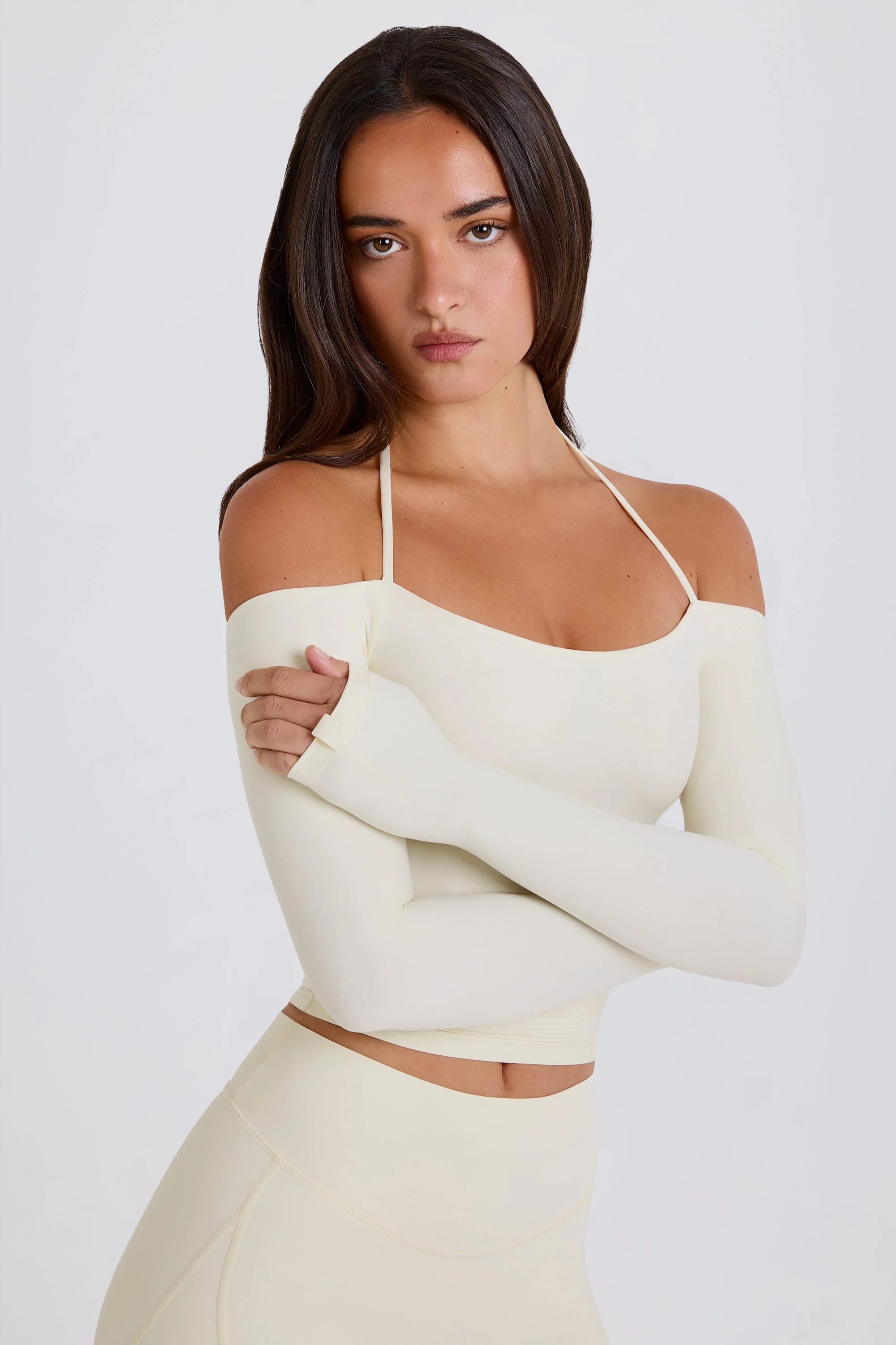 Soft Jersey Off-Shoulder Halterneck Longline Top in Cream - Image 12
