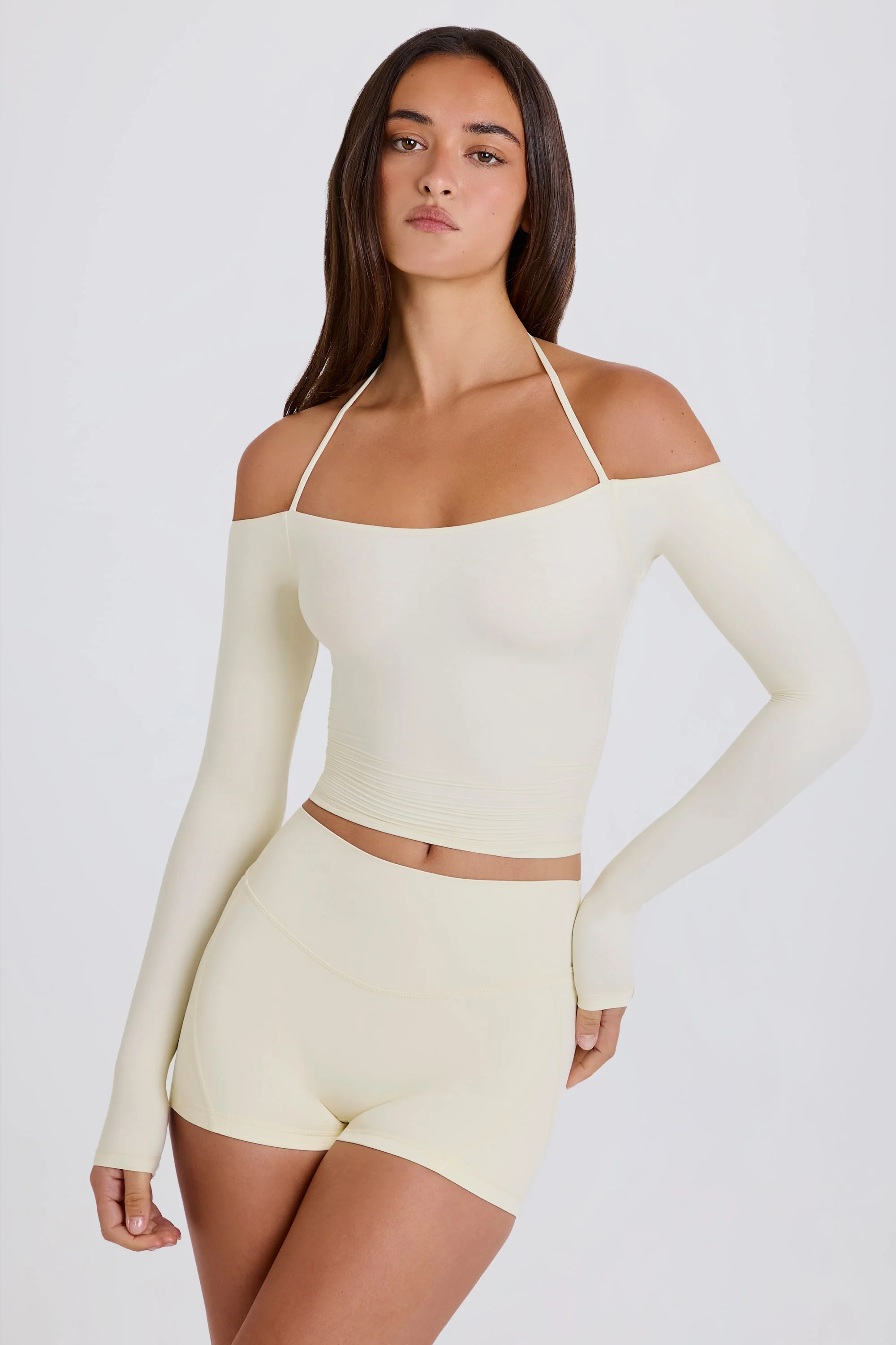 Soft Jersey Off-Shoulder Halterneck Longline Top in Cream - Image 7
