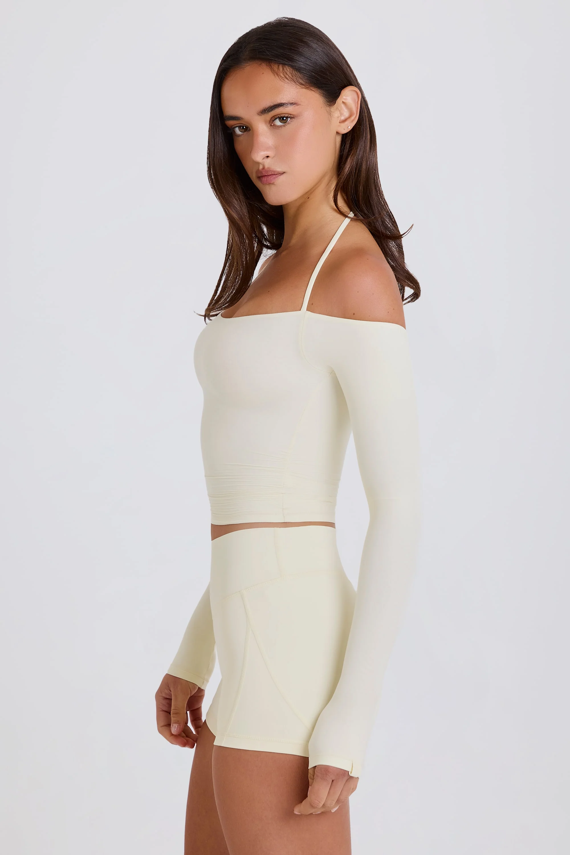 Soft Jersey Off-Shoulder Halterneck Longline Top in Cream - Image 9
