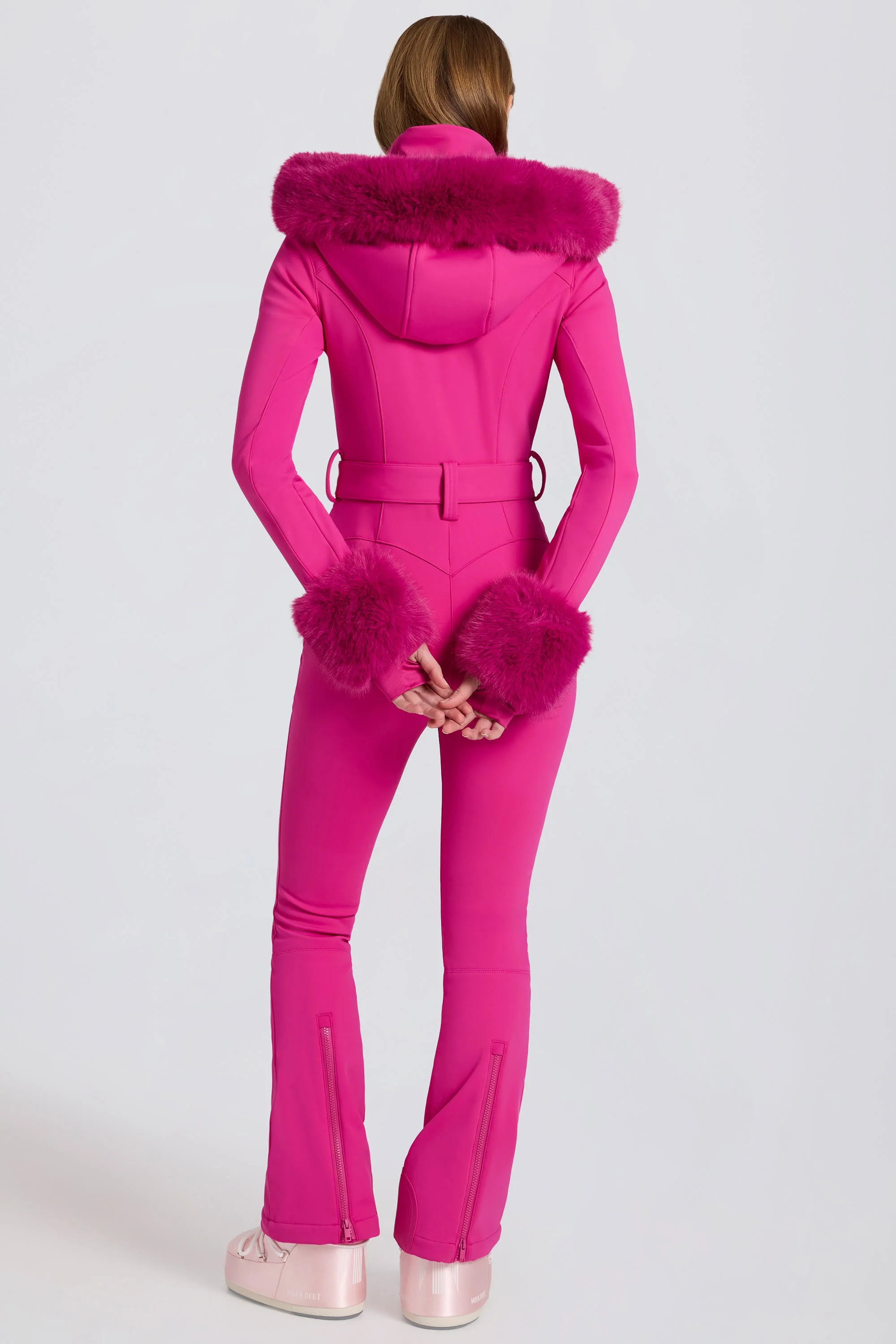 Waterproof Faux-Fur Hood Fitted Ski Suit in Magenta Pink - Image 3