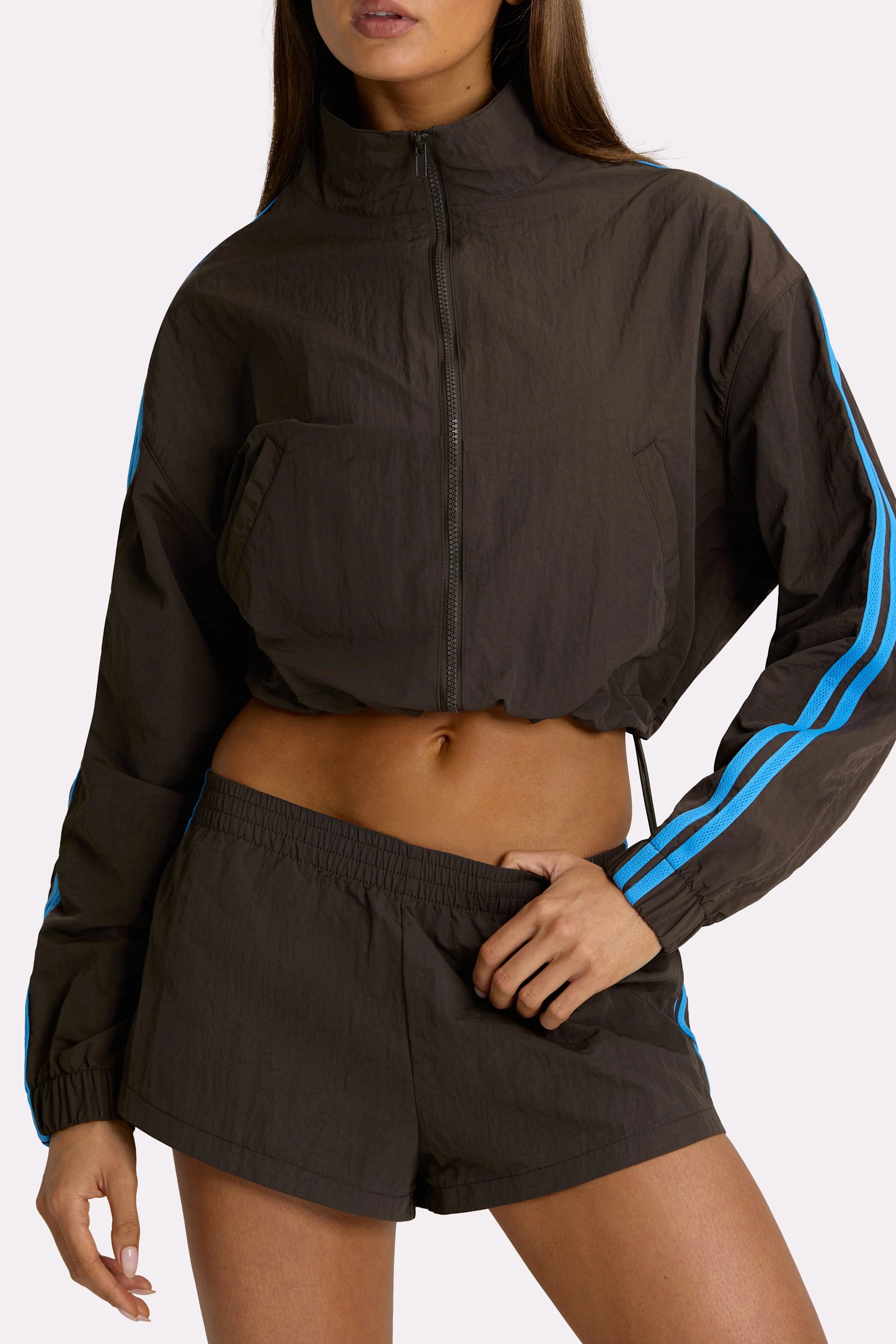 Woven Zip-Up Track Jacket in Truffle - Image 3